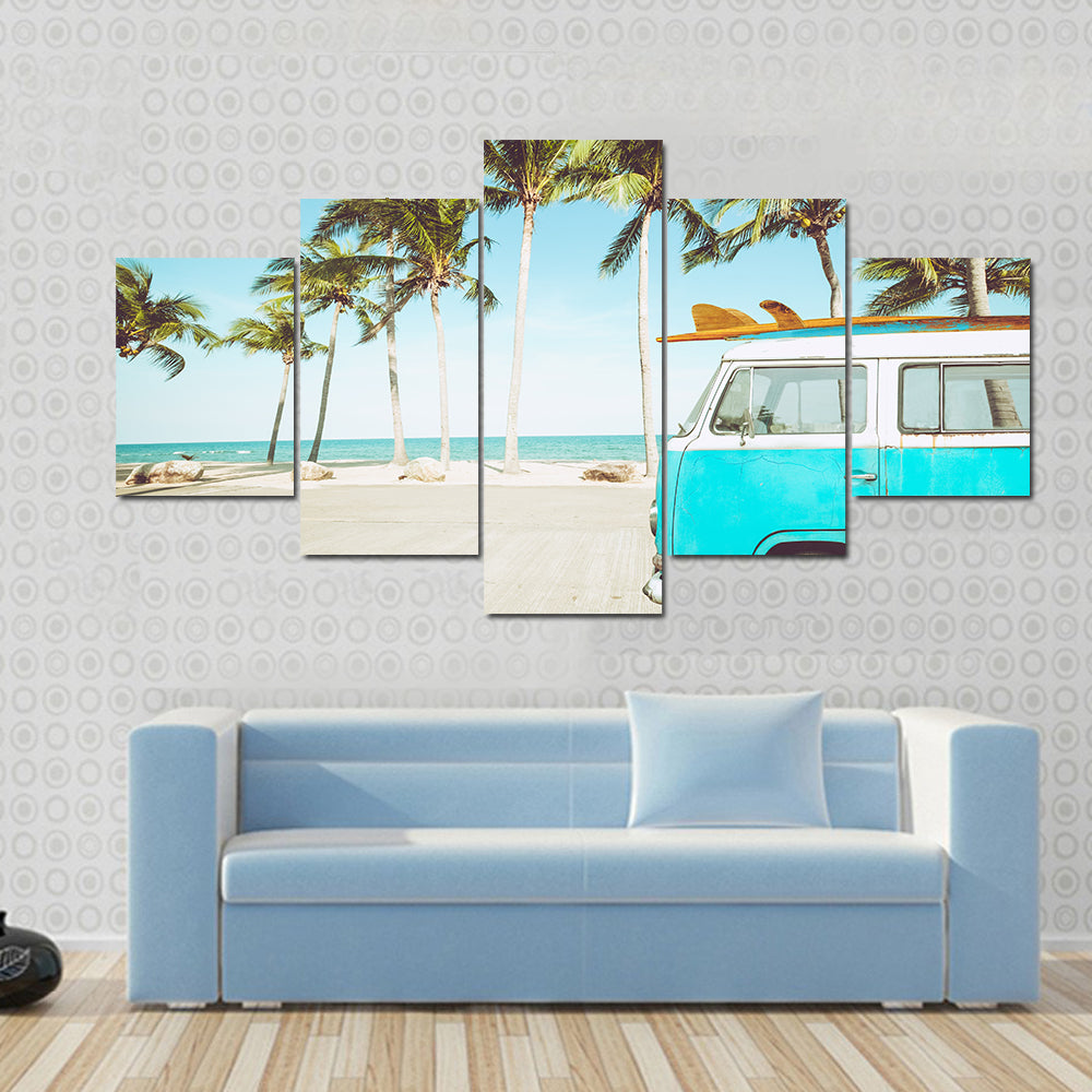 Teal and White Kombi on Tropical Beach Canvas Wall Art