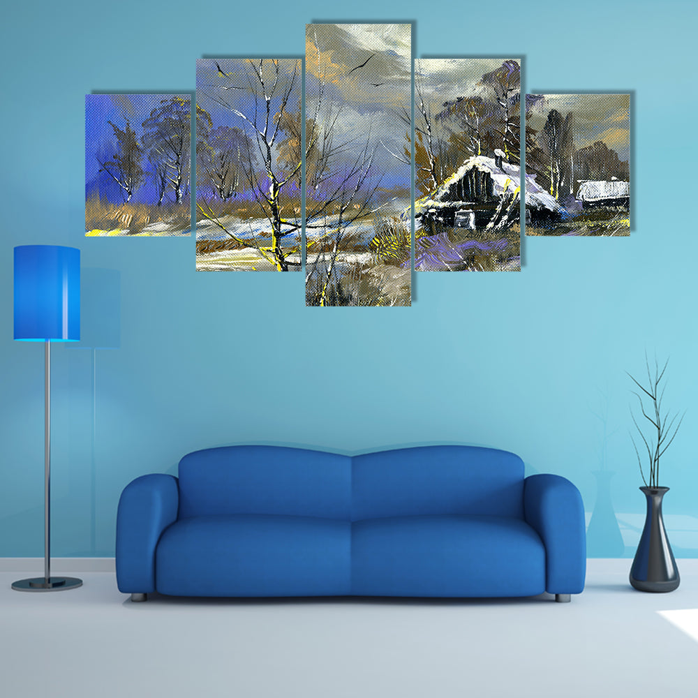 Rural House On Bank Of Lake In Winter Canvas Wall Art