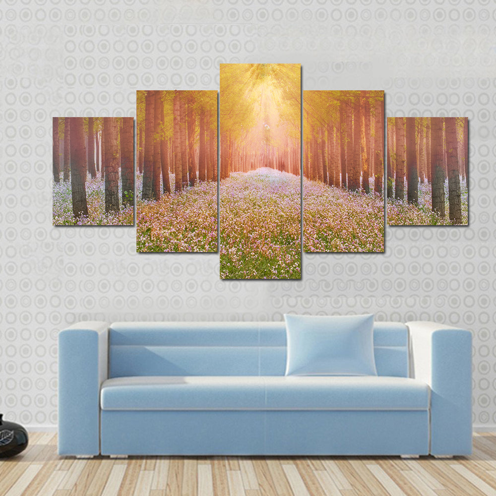 Sunlit Forest Path with Wildflowers Canvas Wall Art