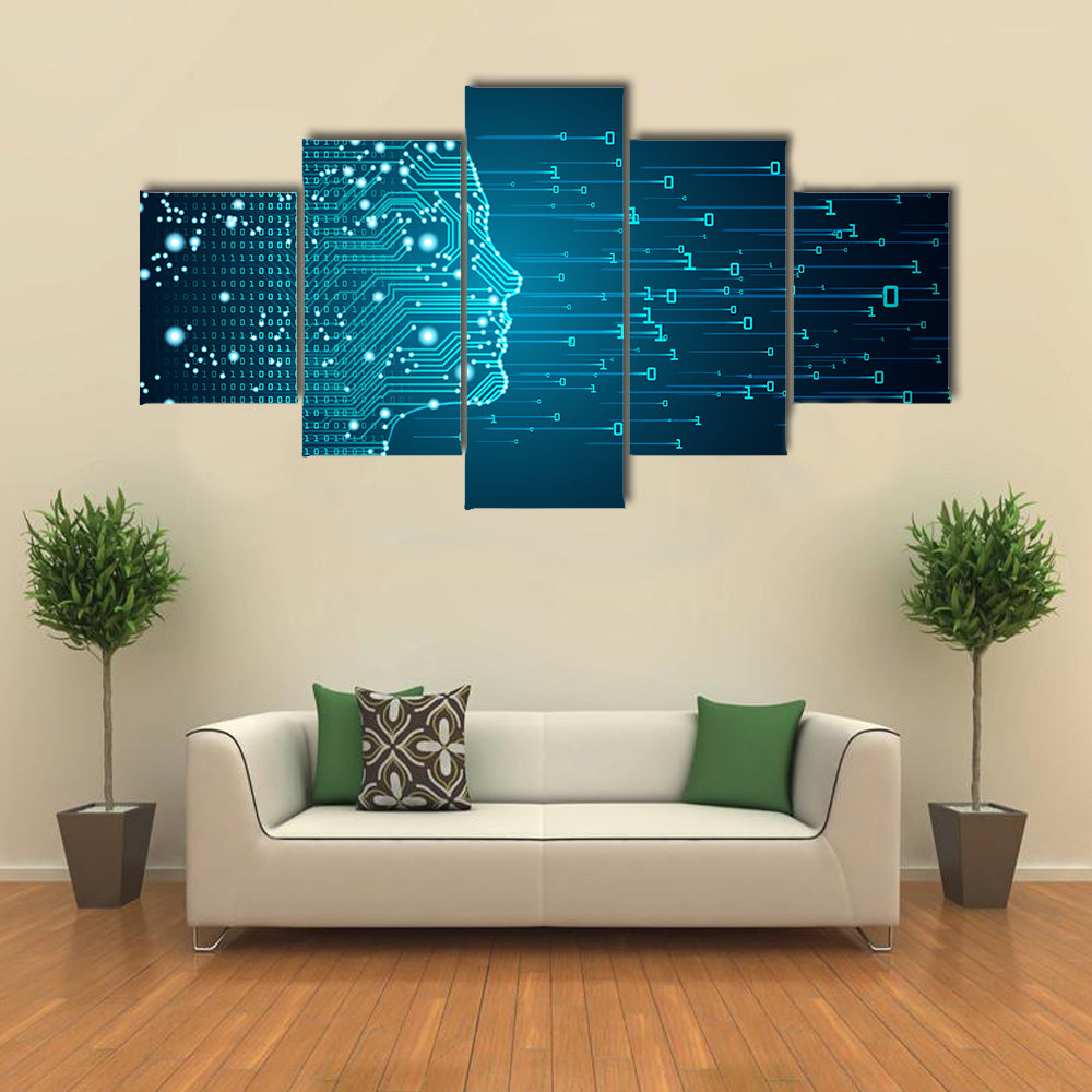 Ai Circuitry Silhouette Canvas Wall Art in black and blue, 5 panel Star layout hung on a wall