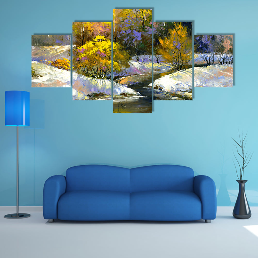 Winter River Through Snowy Forest Canvas Wall Art