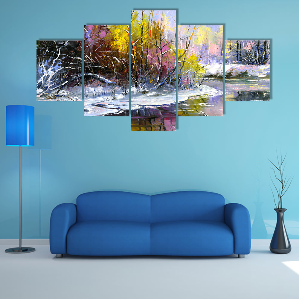 Winter River at Sunset Canvas Wall Art