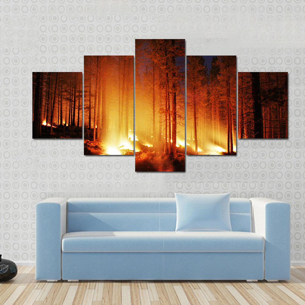 Glowing Forest Fire At Night Canvas Wall Art