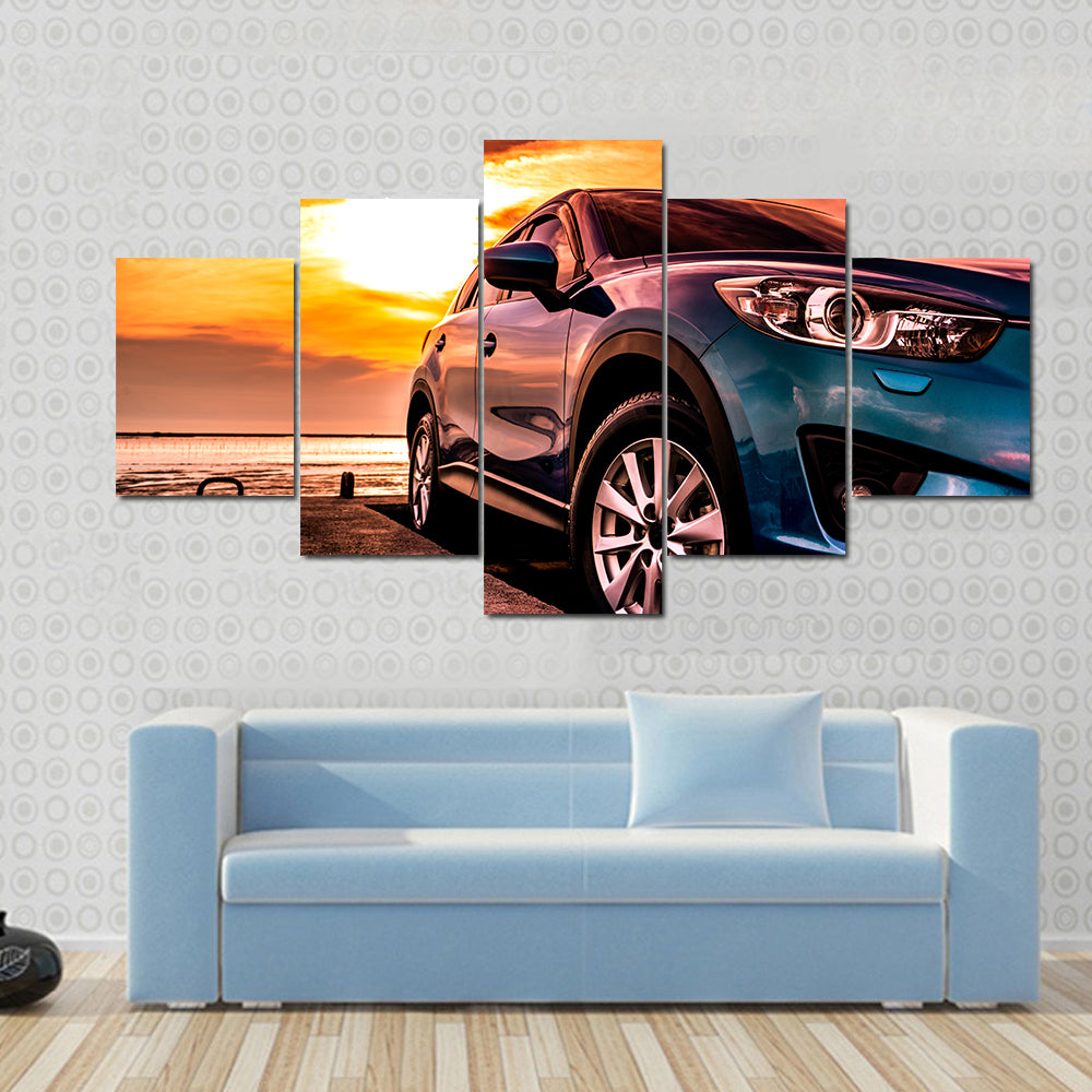 Blue Suv at Coastal Sunset Canvas Wall Art
