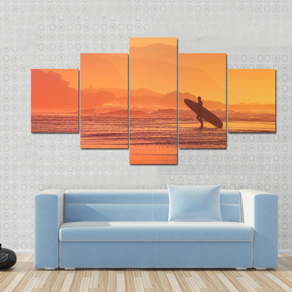 Surfer Silhouette At The Sunset Canvas Wall Art