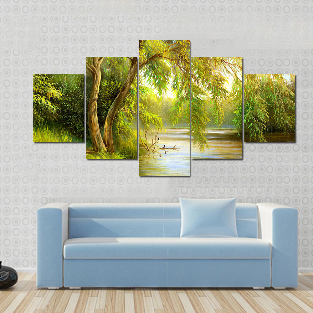 Summer Riverbank with Weeping Willow Canvas Wall Art