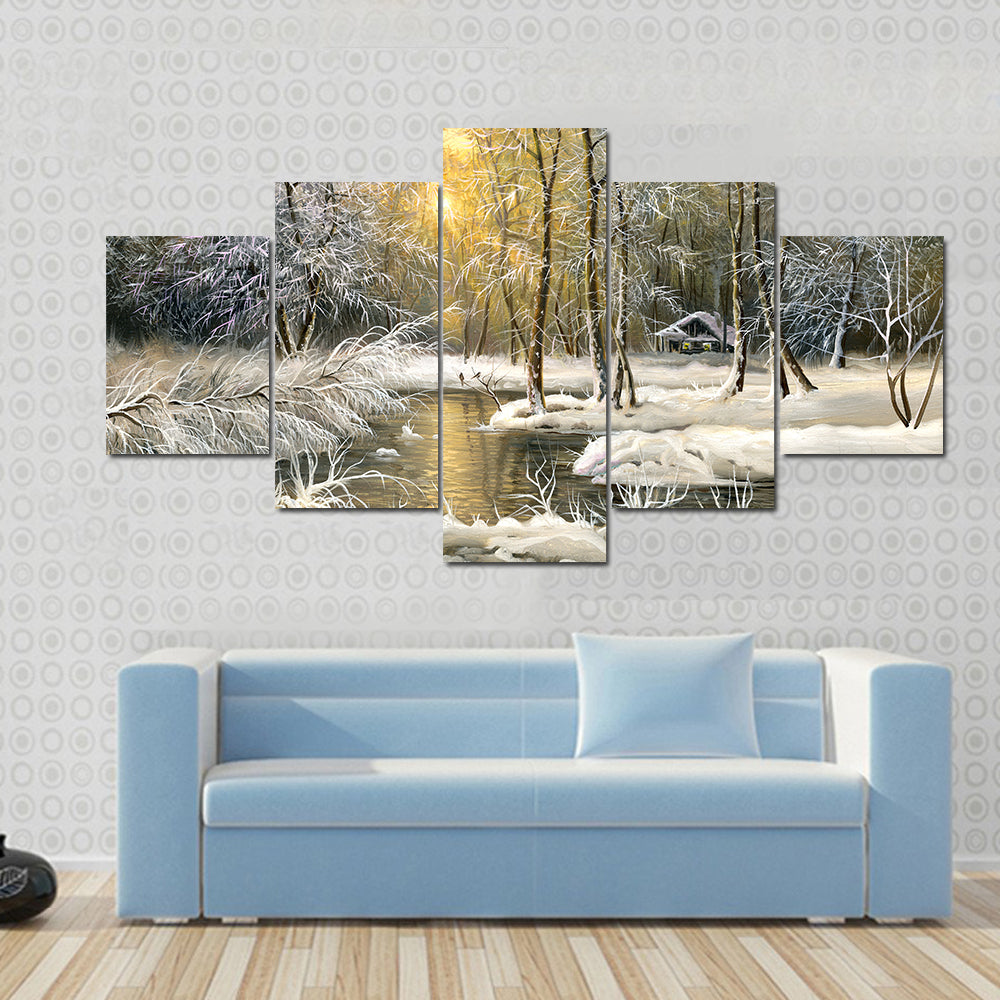Winter Wooden Forest Lake Canvas Wall Art