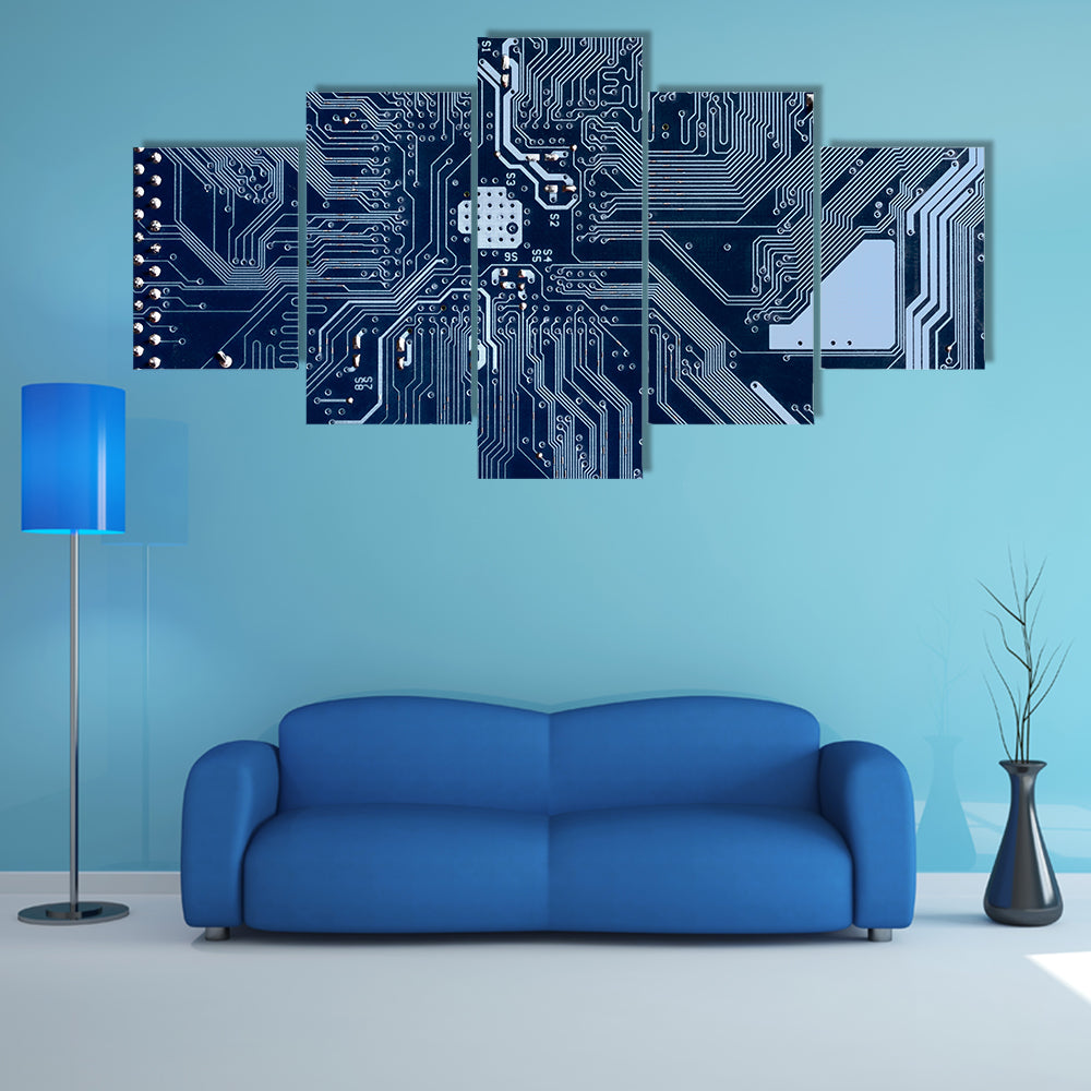 Blue Circuit Board Canvas Wall Art in blue and navy, framed print, product view on a white background