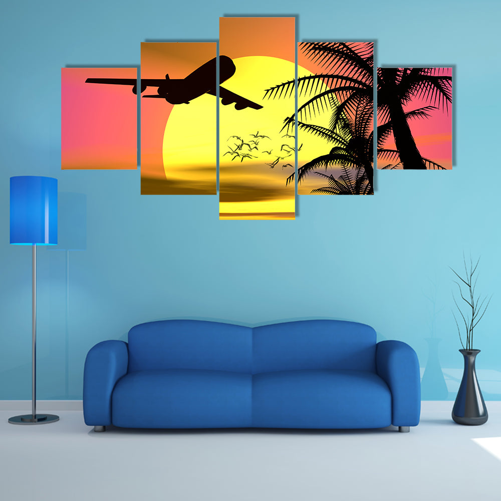 Tropical Sunset With Airplane Canvas Wall Art