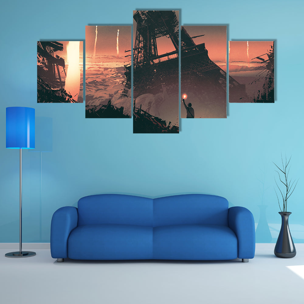 Silhouetted Man at Crumbling Eiffel Tower Canvas Wall Art in black, brown and orange, framed print, product view on a white background
