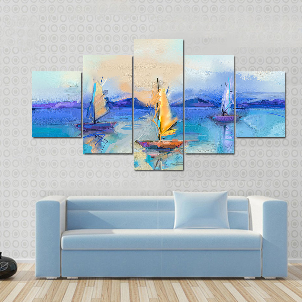 Textured Oil Seascape with Three Sailboats Canvas Wall Art