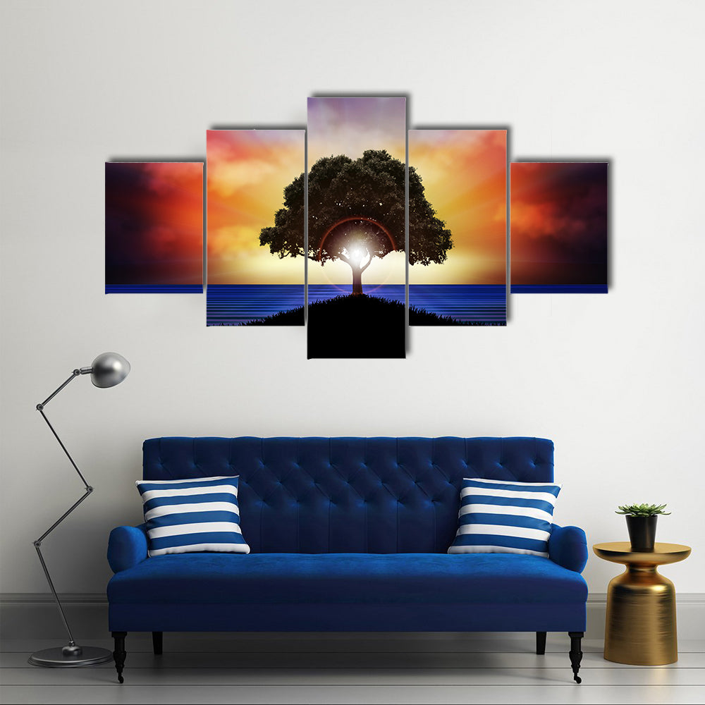 Lone Tree Silhouette at Sunset Canvas Wall Art