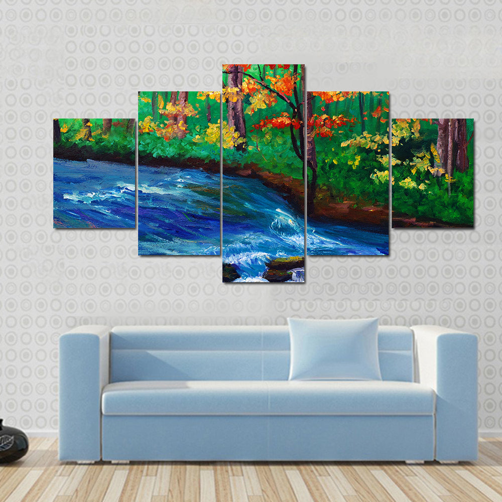 Autumn Maple by Flowing Stream Canvas Wall Art