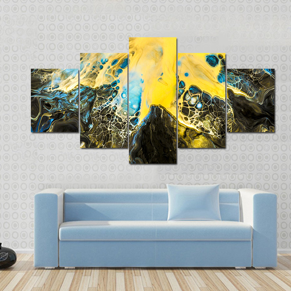 Acrylic Pour Abstract in Gold and Blue Canvas Wall Art