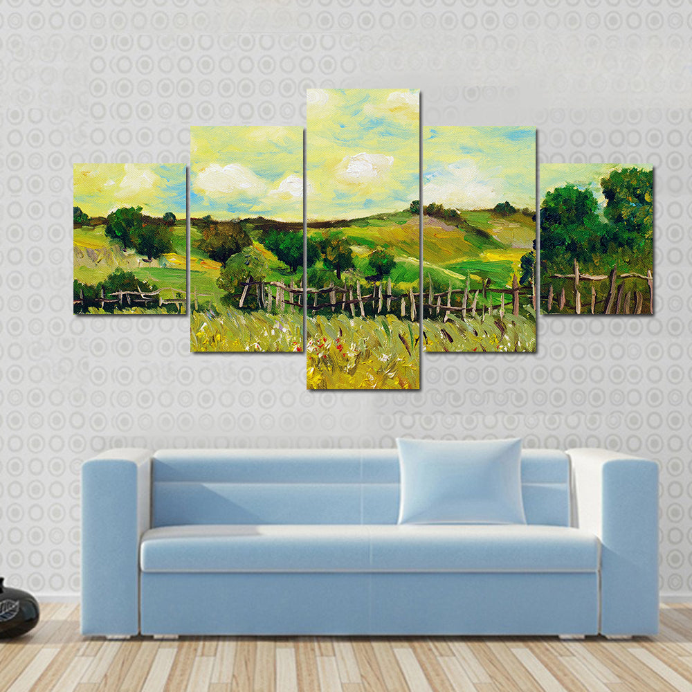 Sunlit Rolling Green Farm Fields Painting Canvas Wall Art