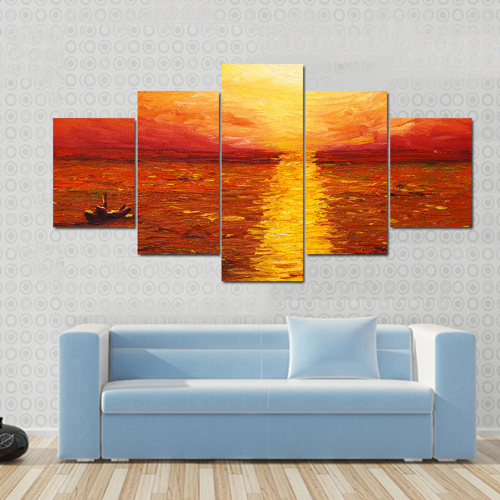 Sunset Sea with Boat Oil Painting Canvas Wall Art