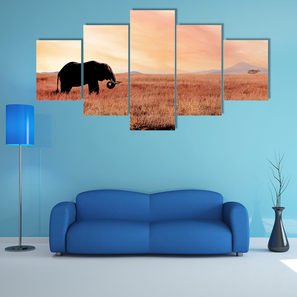 Lonely Elephant In Savannah Sunset Canvas Wall Art