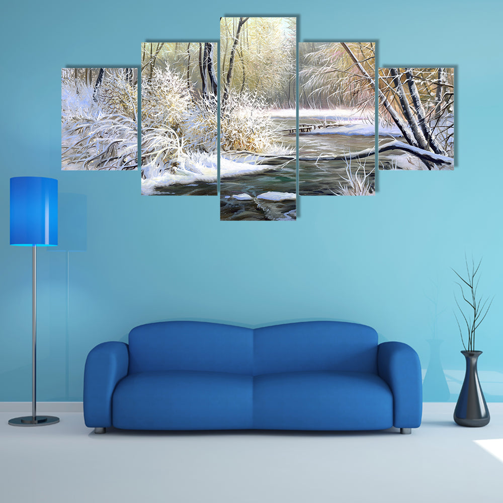 River In Winter Forest Canvas Wall Art