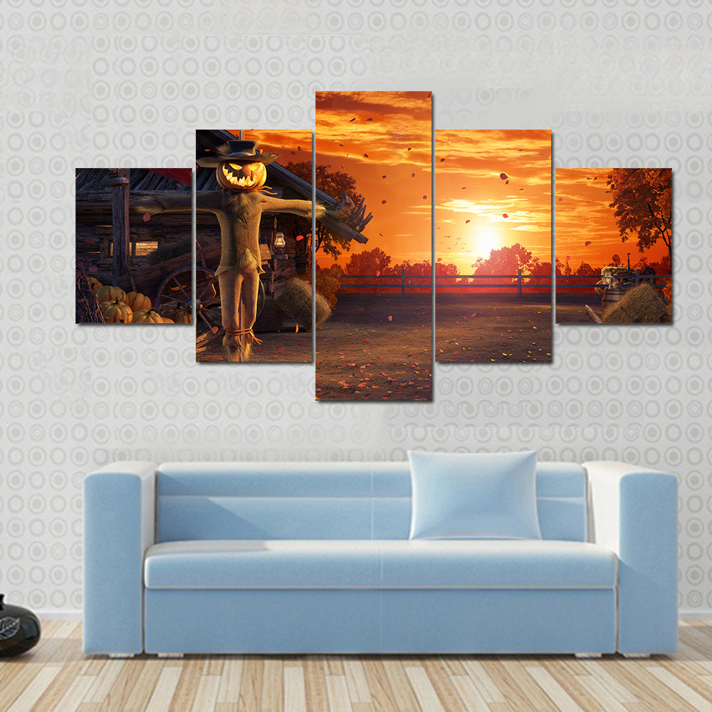 Pumpkin Scarecrow at Autumn Sunset Canvas Wall Art