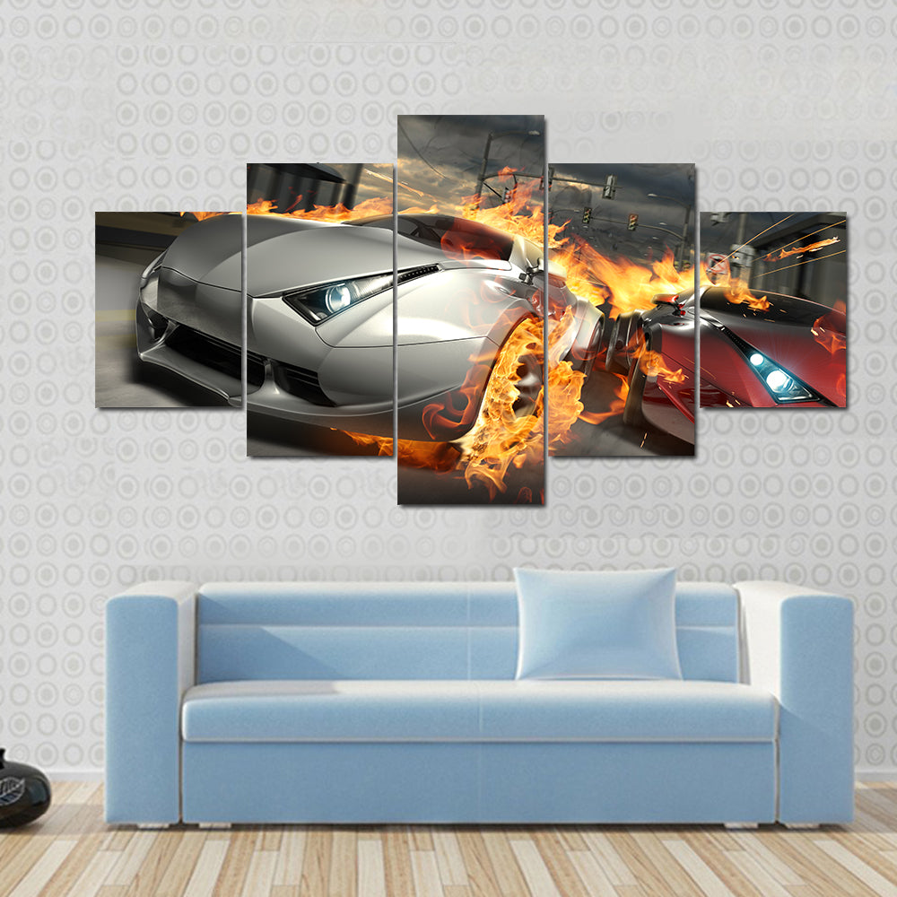 Cars Race At The Street Canvas Wall Art