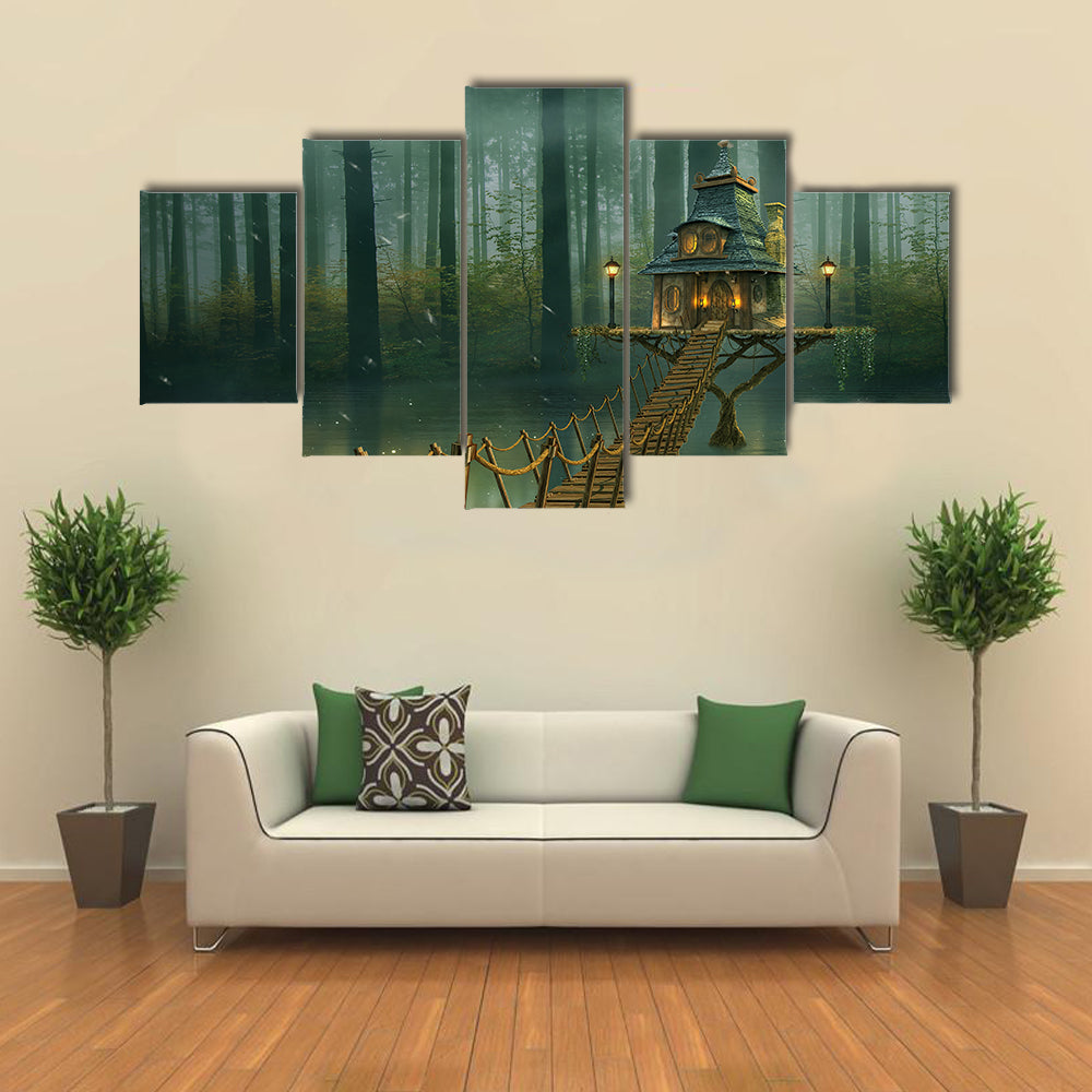 Fairy House on Tree Trunk with Rope Bridge Canvas Wall Art