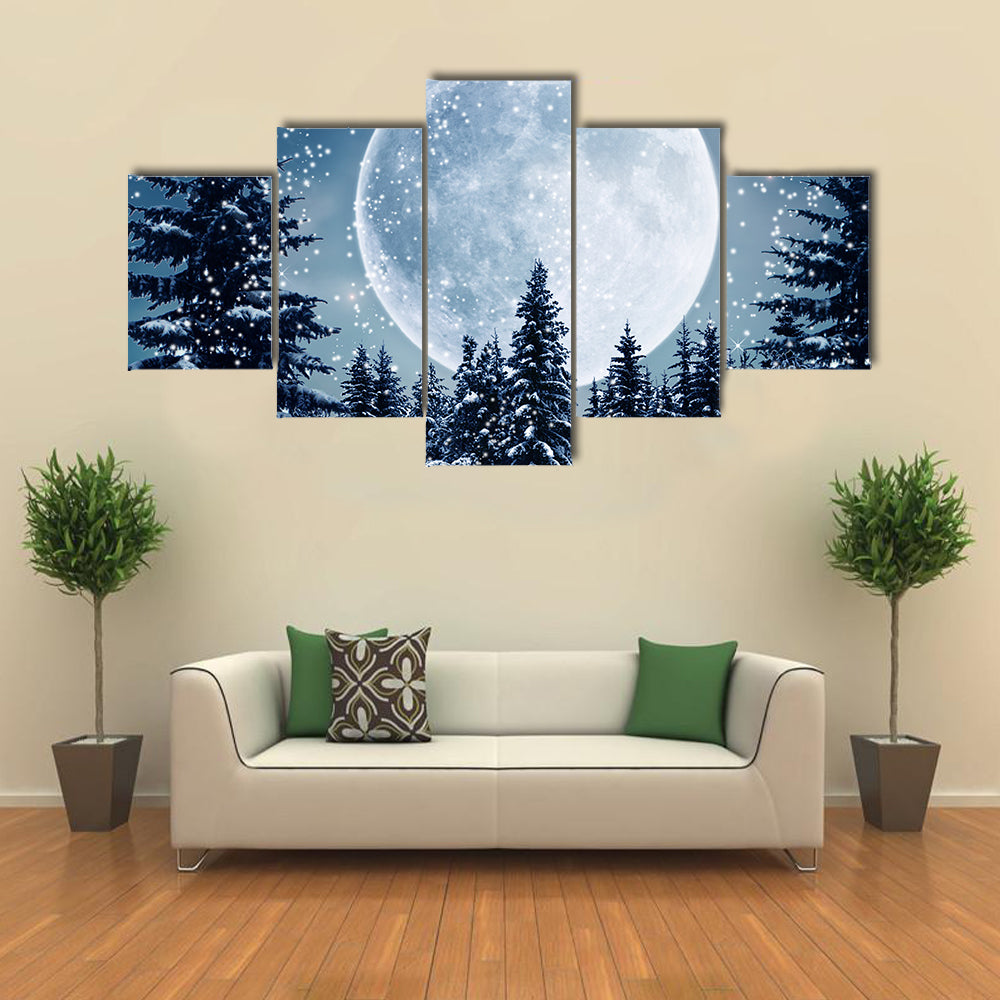 Winter Scene In Full Moon Canvas Wall Art