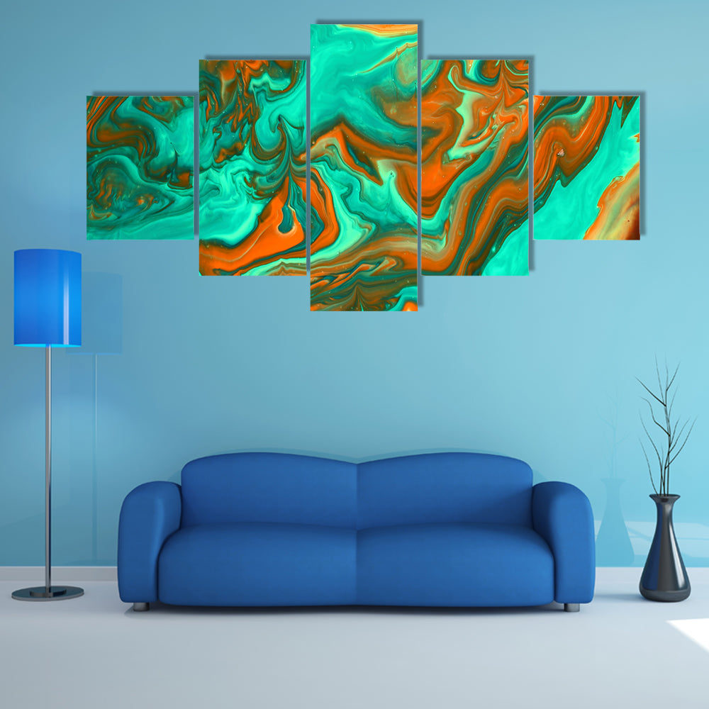 Turquoise and Orange Liquid Abstract Canvas Wall Art