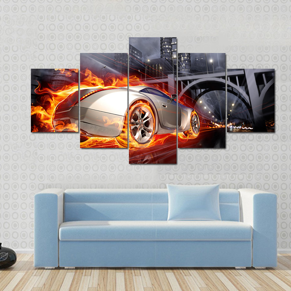 Flaming Sports Car at Night Canvas Wall Art