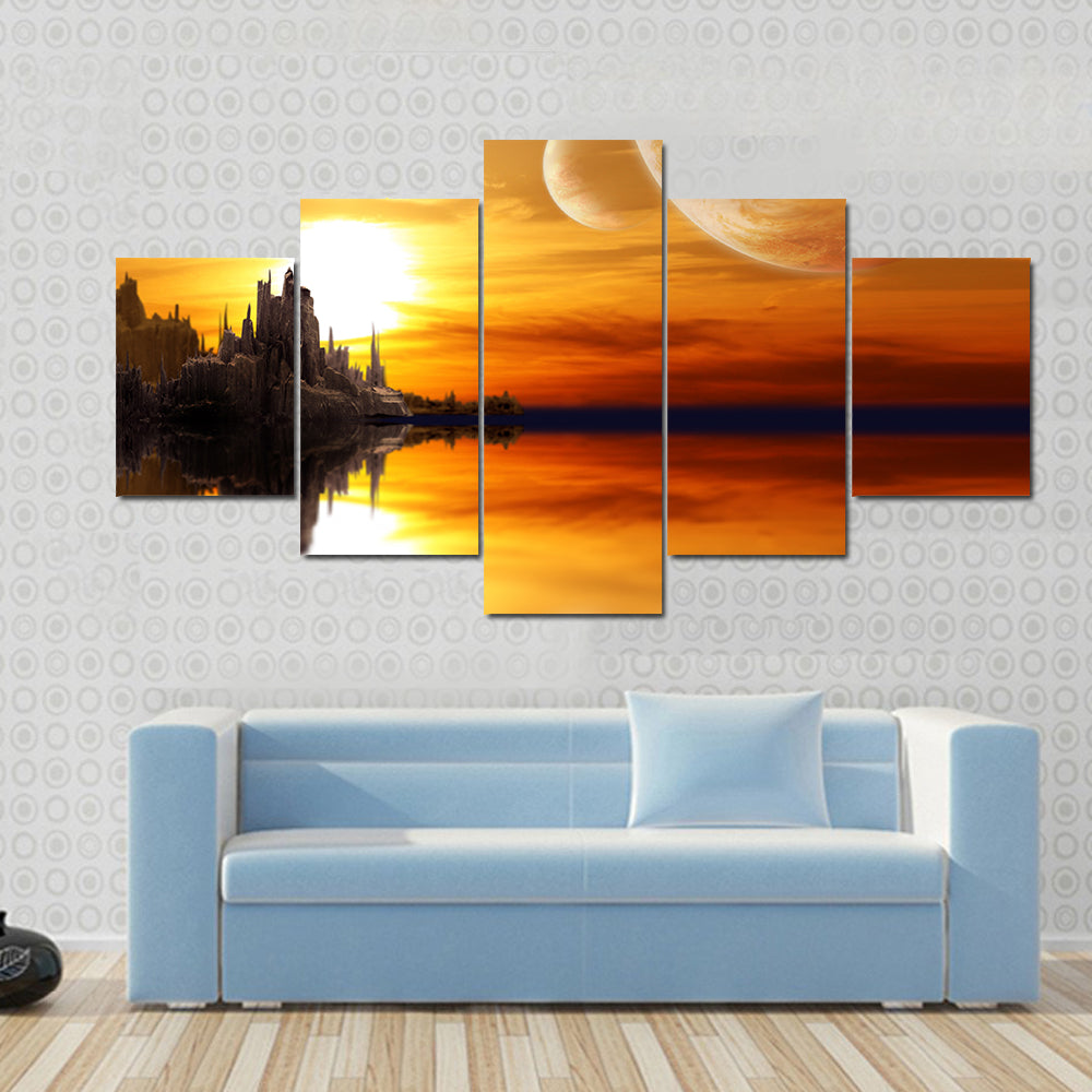 Alien Planet Sunset with Twin Moons Canvas Wall Art
