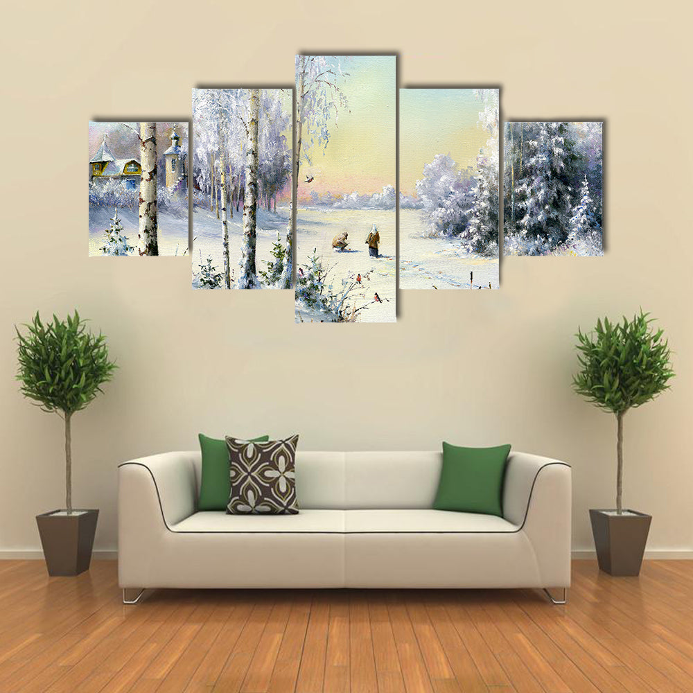 Frozen Lake In Winter Village Canvas Wall Art