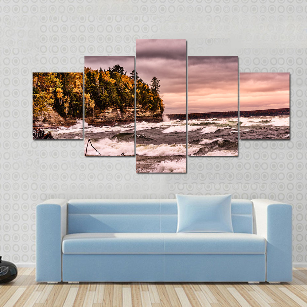 Driftwood on Autumn Lakeshore Canvas Wall Art