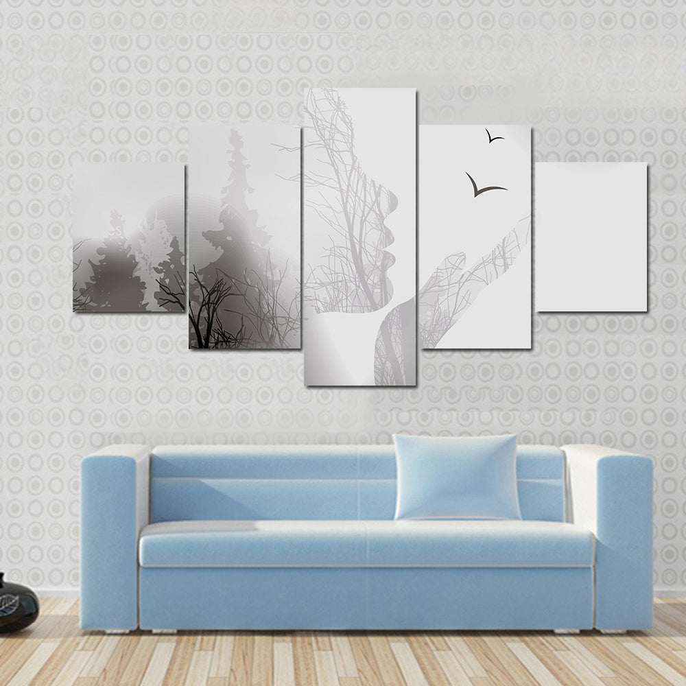 Woman Silhouette with Forest and Birds Canvas Wall Art