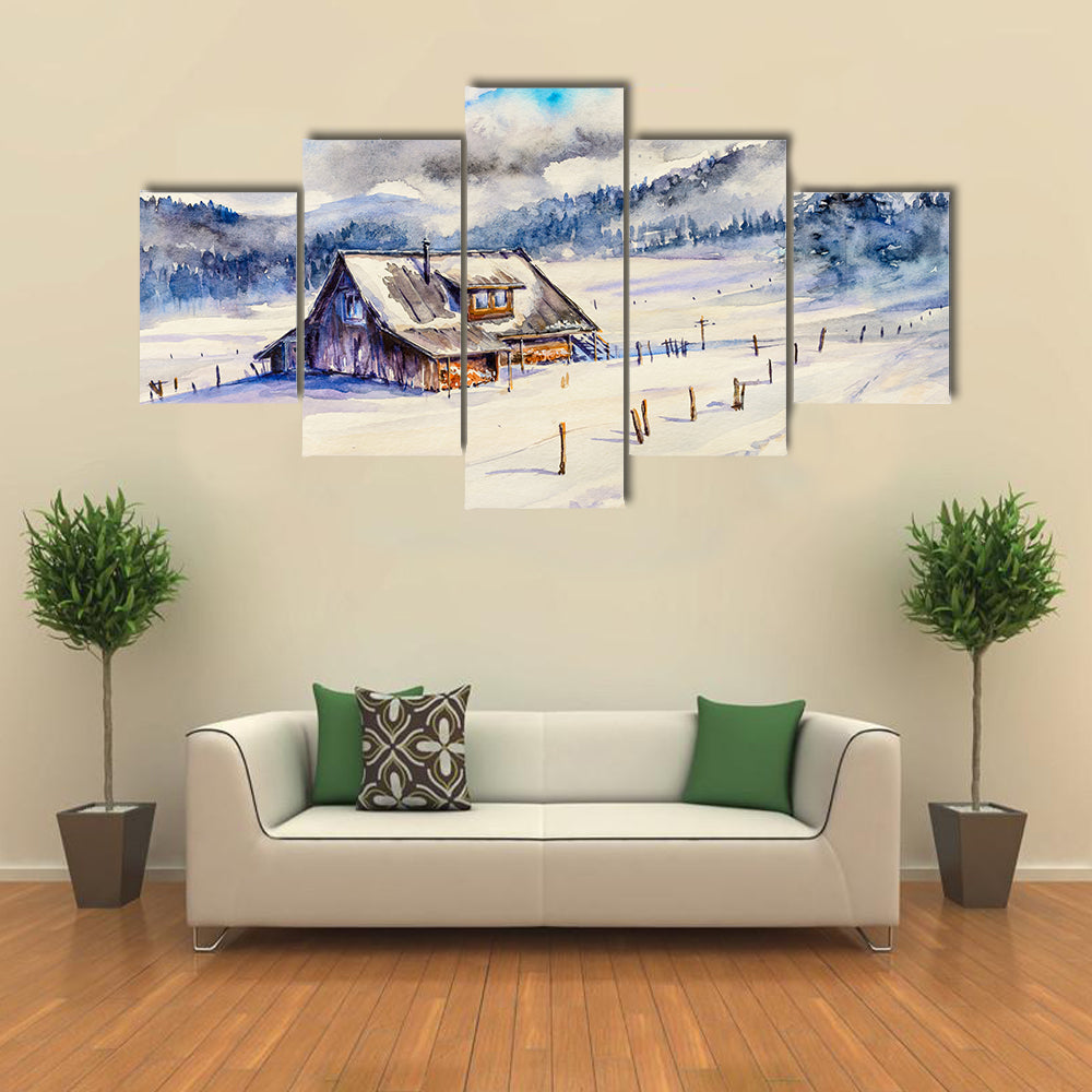 Snowy Cottage in Winter Mountains Canvas Wall Art
