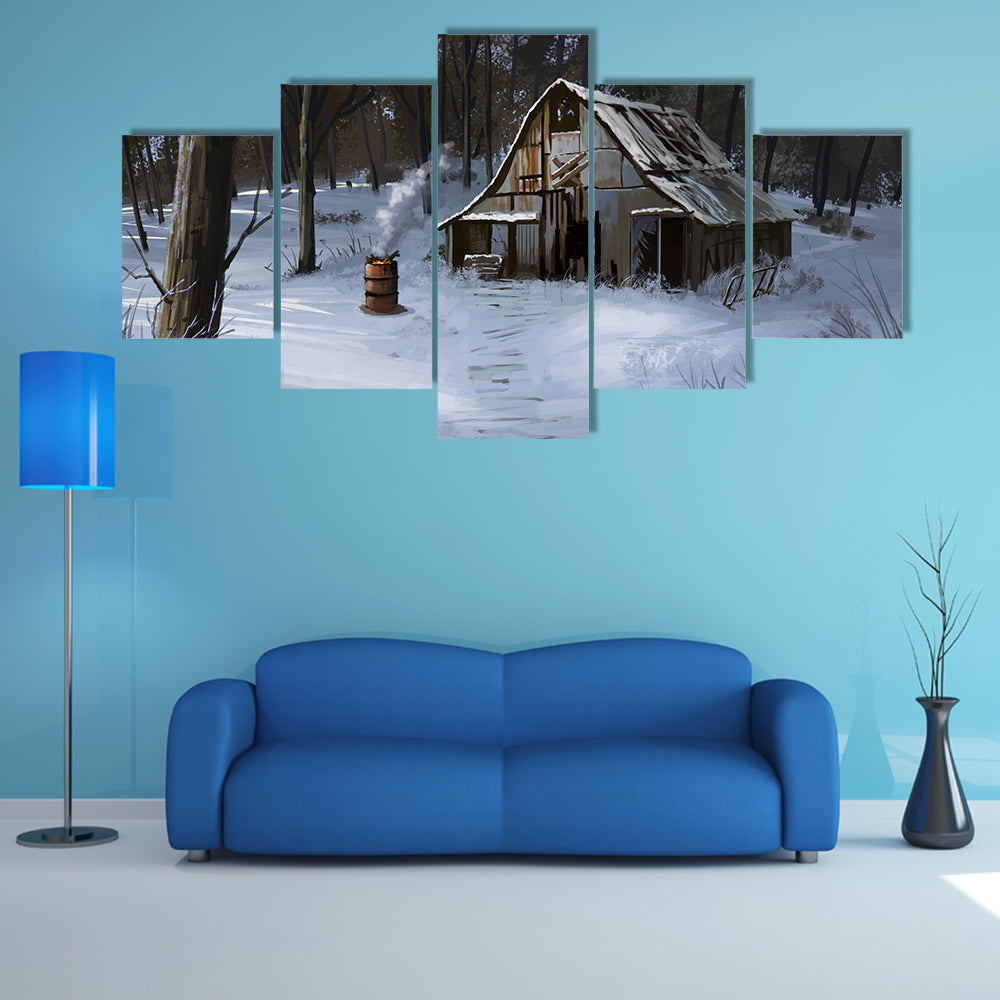 Small Cottage House In The Winter Forest Canvas Wall Art