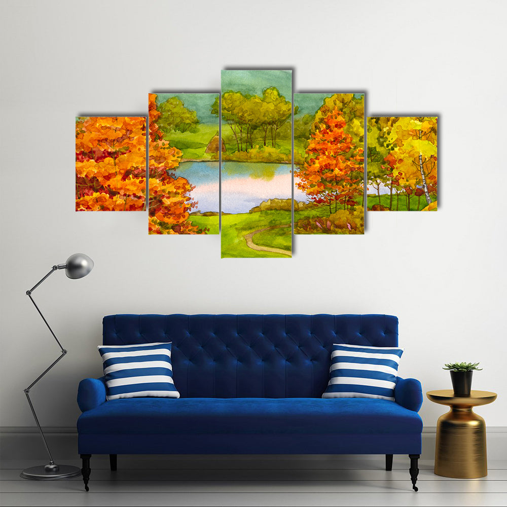 Autumn Lake with Winding Path Canvas Wall Art