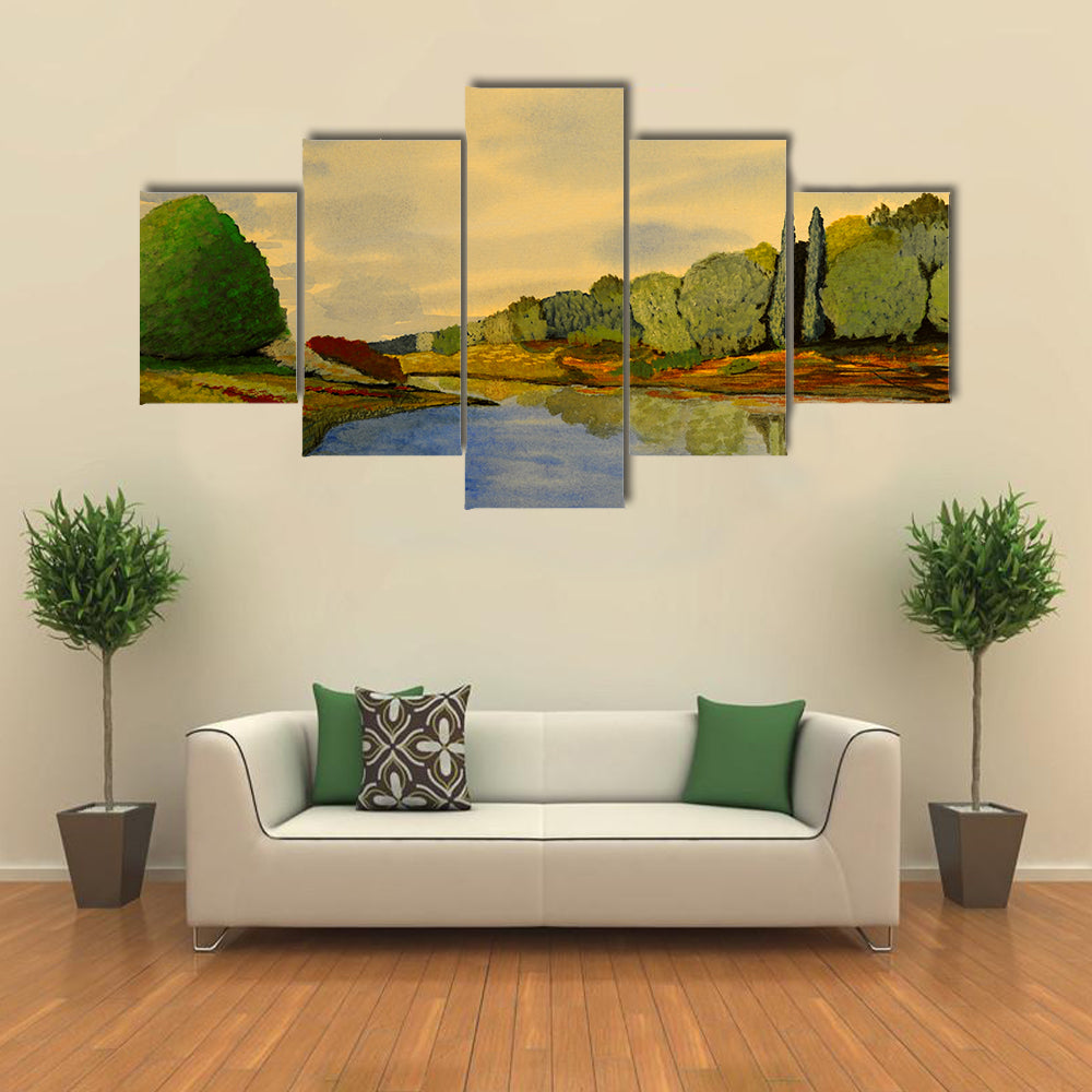 Golden River Bend Watercolor Canvas Wall Art