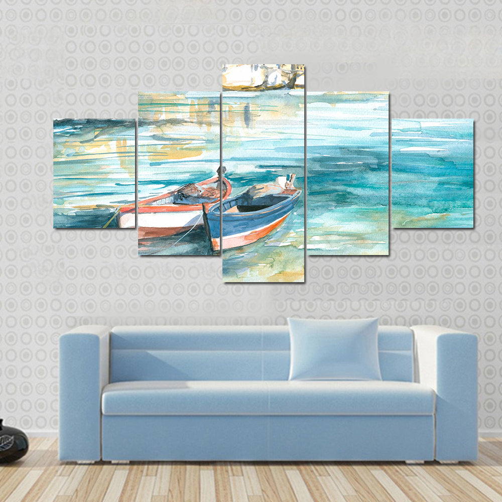 Two Rowboats in Sunny Coastal Watercolor Canvas Wall Art