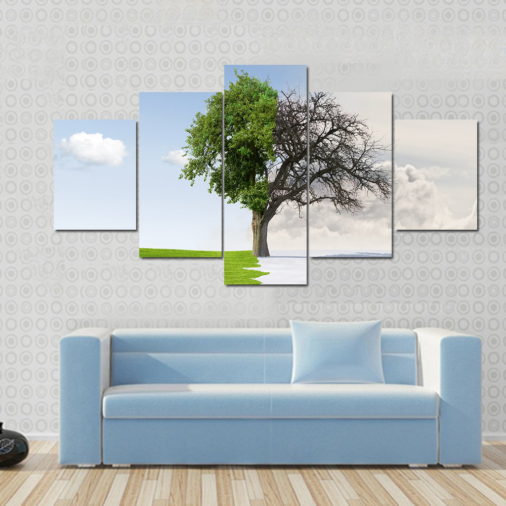 Tree Split Between Summer and Winter Canvas Wall Art