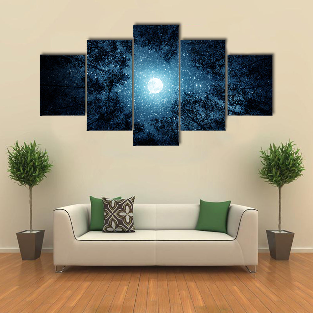 Milky Way And Moon From Forest Trees Canvas Wall Art