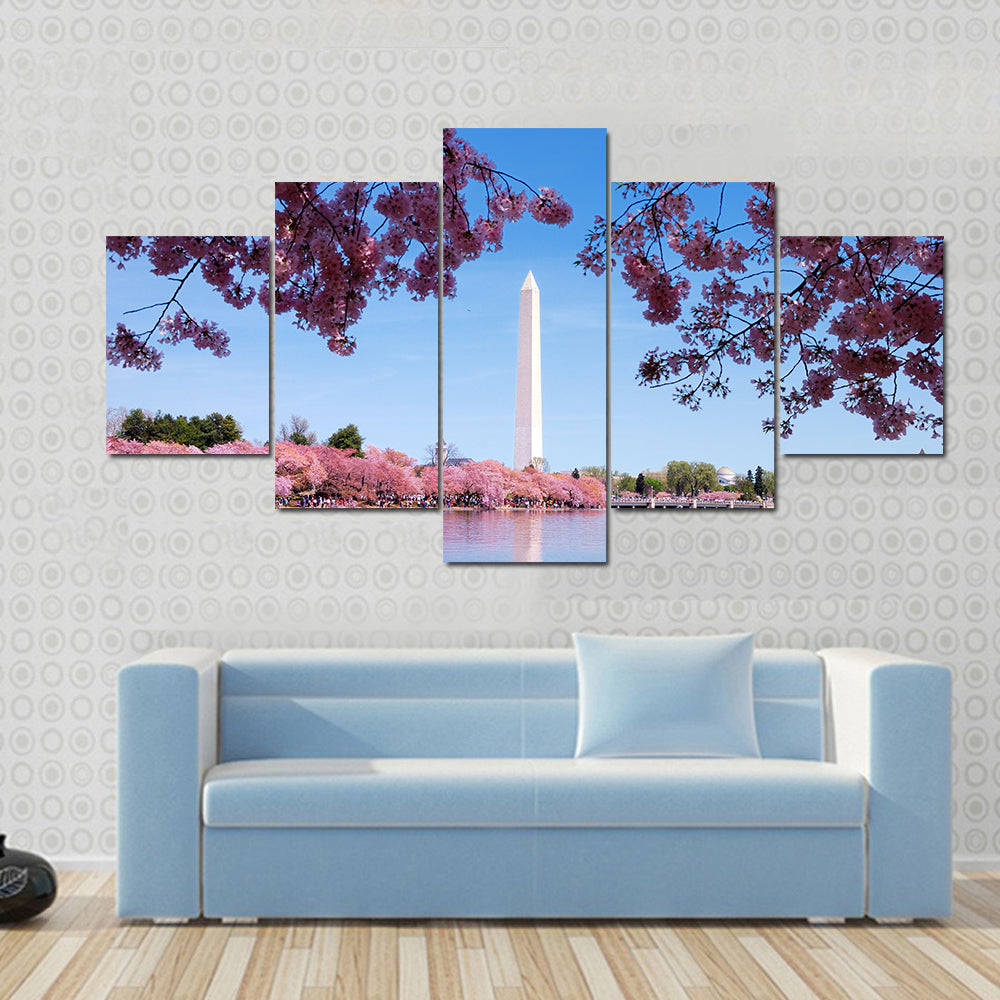 Cherry Blossom And Washington Monument Over Lake Canvas Wall Art