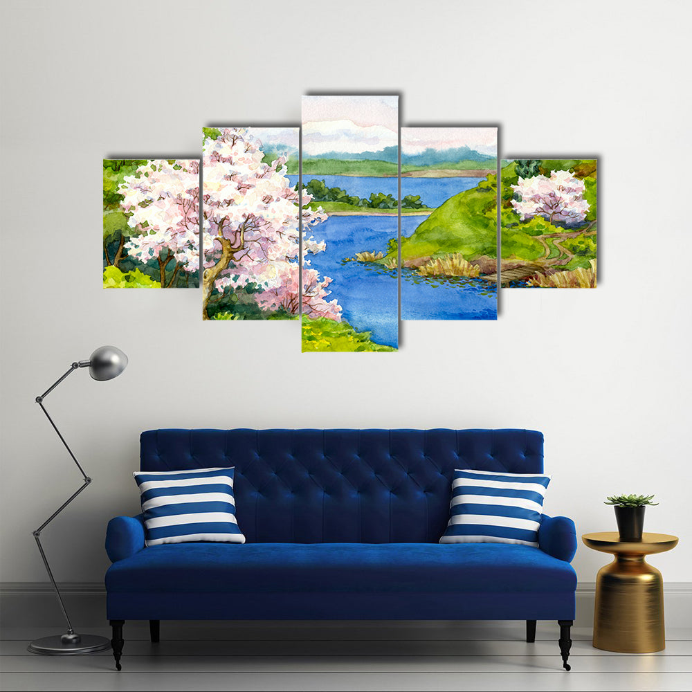Watercolor Spring Cherry Blossom Landscape Canvas Wall Art