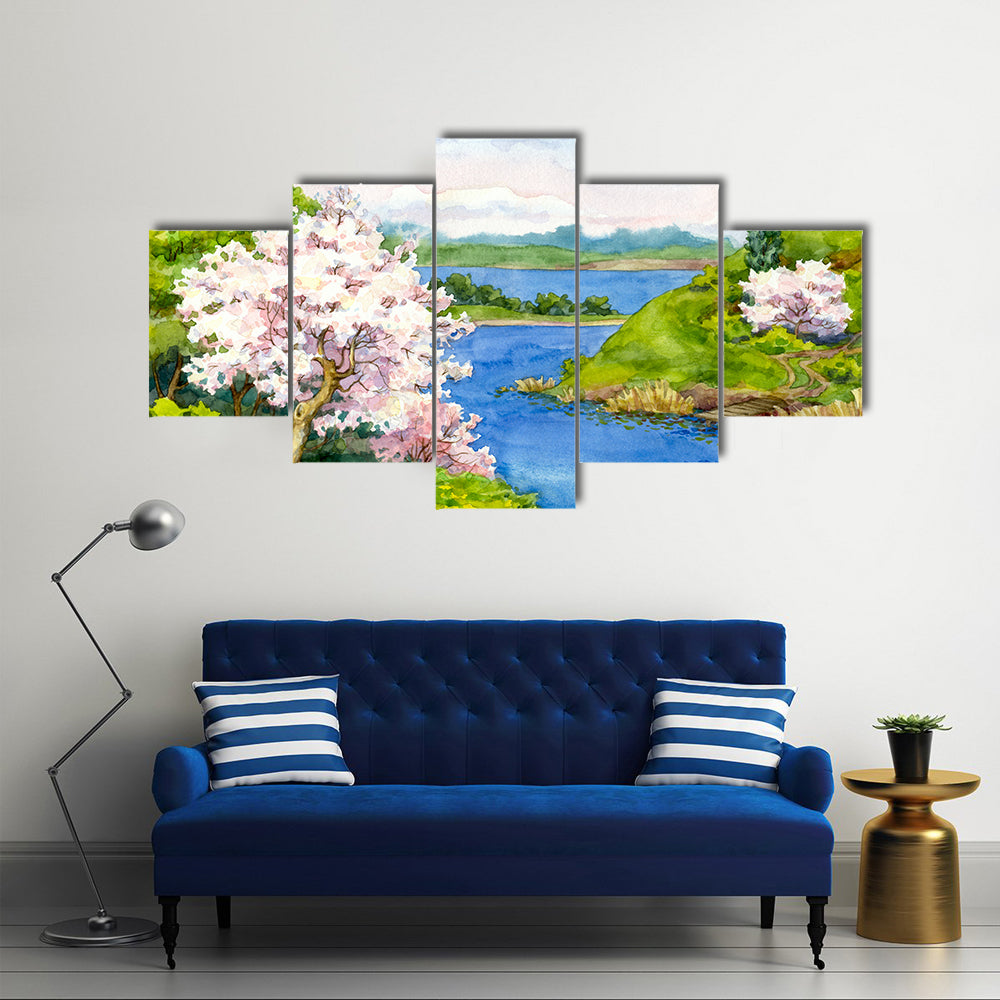 Spring Cherry Blossom Lake Landscape Canvas Wall Art in green, blue and pink, framed canvas, product view on a white background
