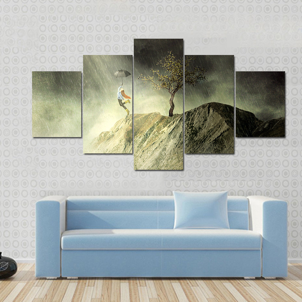 Person with Umbrella on Rainy Cliff Canvas Wall Art