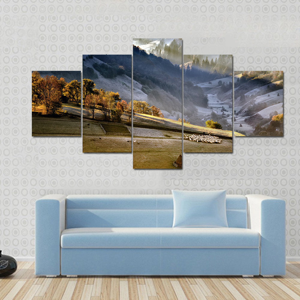 Shepherd With Sheep Heard In The Mountains Of Romania Canvas Wall Art