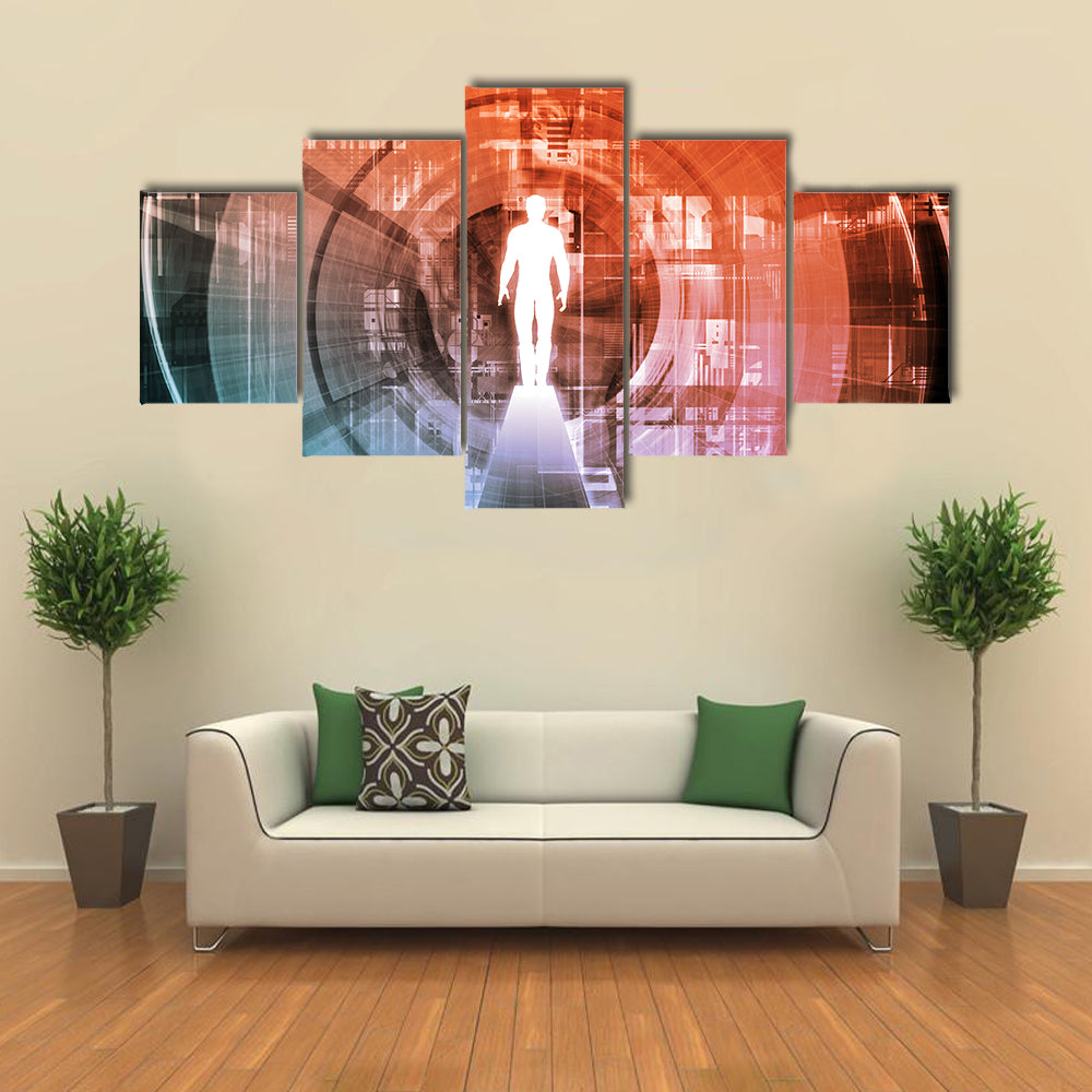 Technology Gateway with Glowing White Figure Canvas Wall Art in white, orange and blue, framed print, product view on a white background