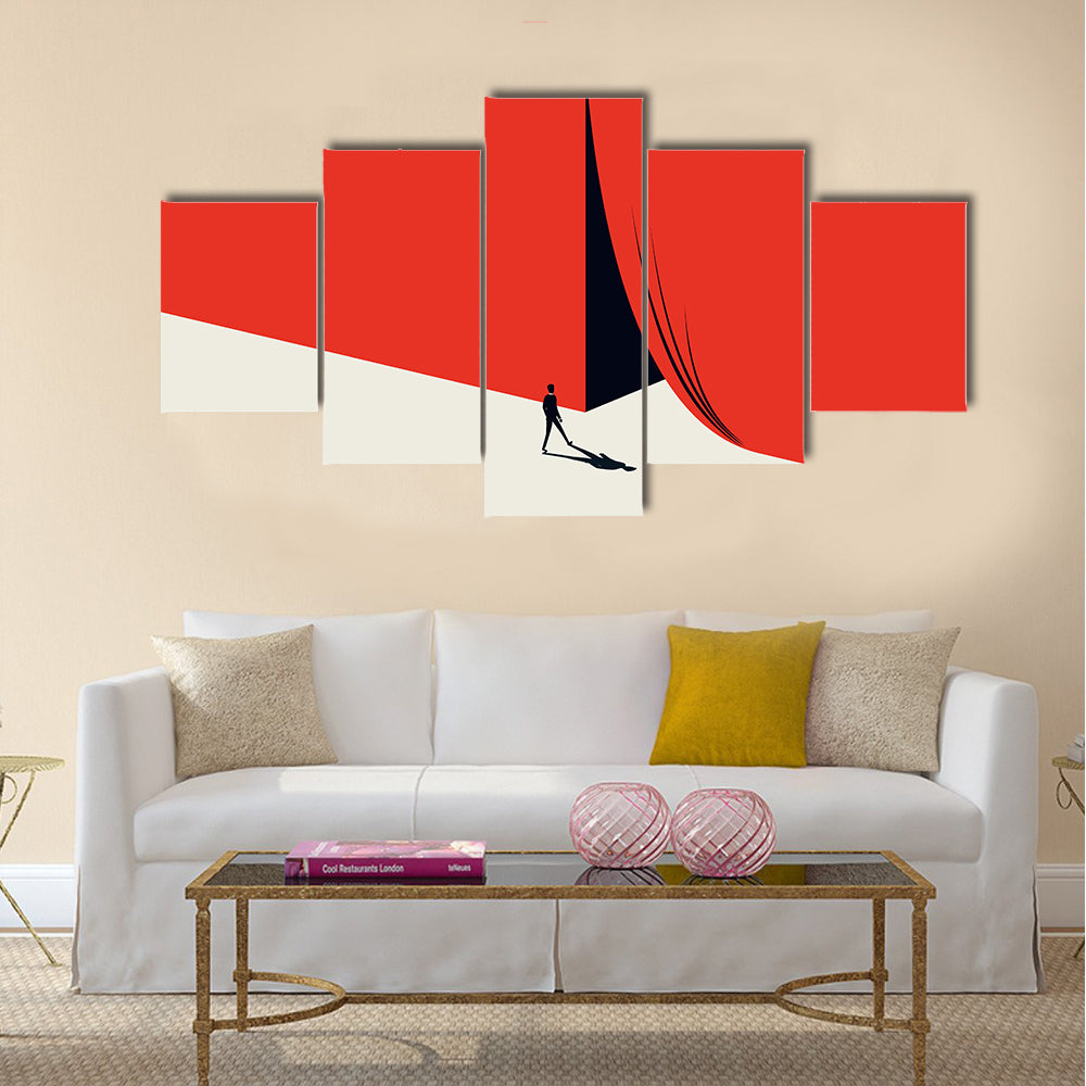 Man Walking Across Red Minimalist Landscape Canvas Wall Art