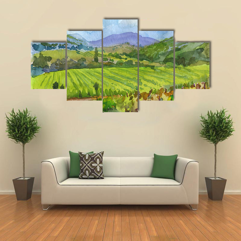 Watercolor Vineyard Landscape Canvas Wall Art