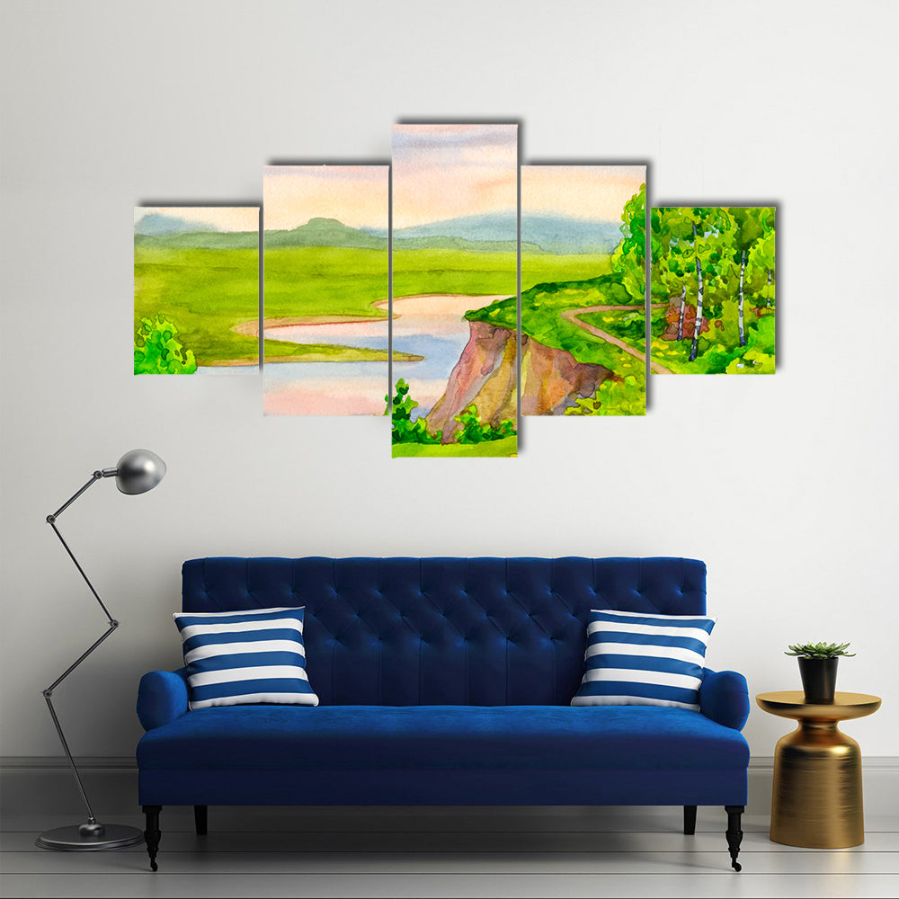 Watercolor Spring Landscape Canvas Wall Art in green, blue and pink, framed canvas, product view on a white background