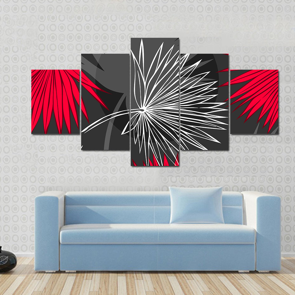 Red and Gray Palm Leaf Pattern Canvas Wall Art
