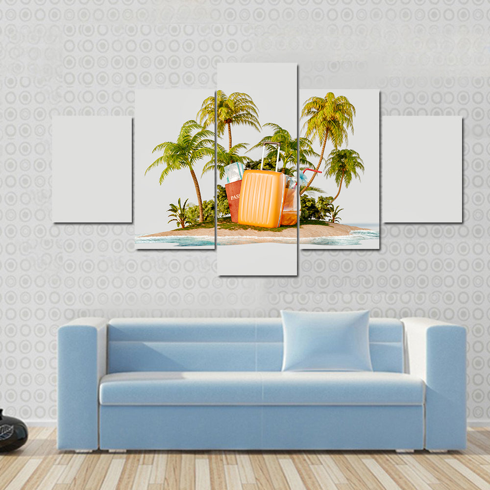 Tropical Island with Bright Orange Suitcase Canvas Wall Art